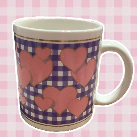 Vintage Retro Cottagecore Funky 1990s Purple Gingham and Hearts Coffee Mug - Picture 1 of 12